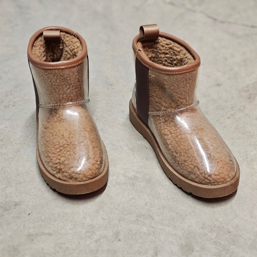 Clear Shearling-Lined Ankle Boots With Brown Trim & Rubber Sole For Women - Picture 6 of 11